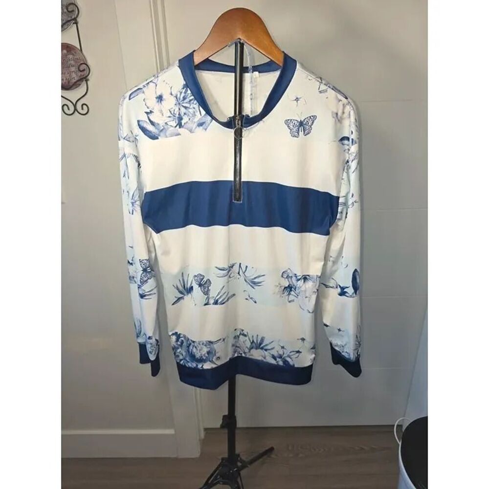 pullover sweatshirt, blue and white floral striped design with butterfly detail,